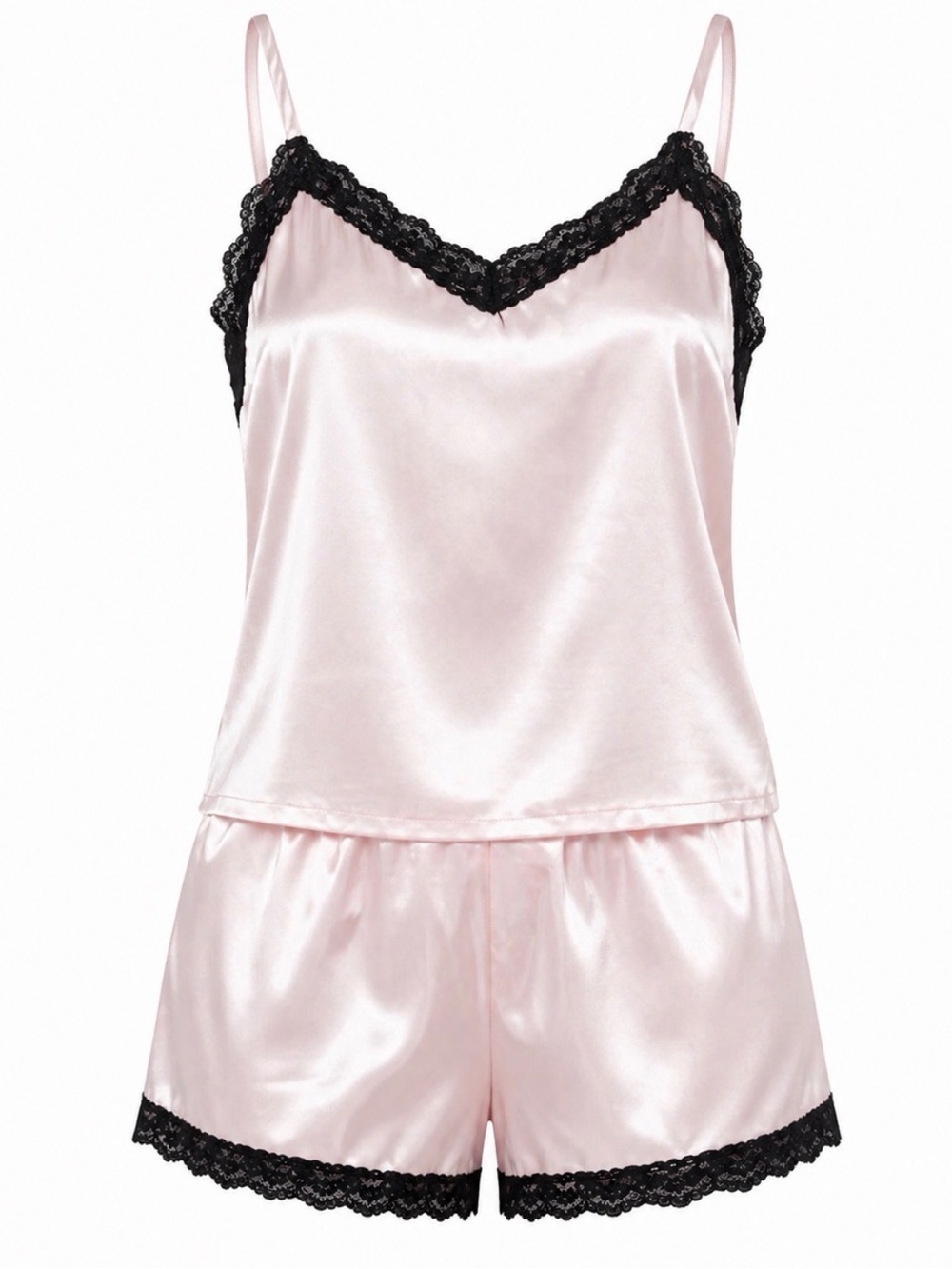 Silky Lace-Trim Cami & Short Pajama Set - Pink